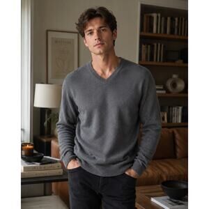 W.H. Belk Sportswear 2 Ply Cashmere Sweater Burgundy Gray V Neck Vintage Mens XL
